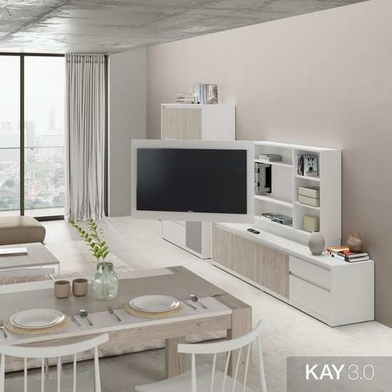 Mueble de salón moderno con estantes y puertas integrados.