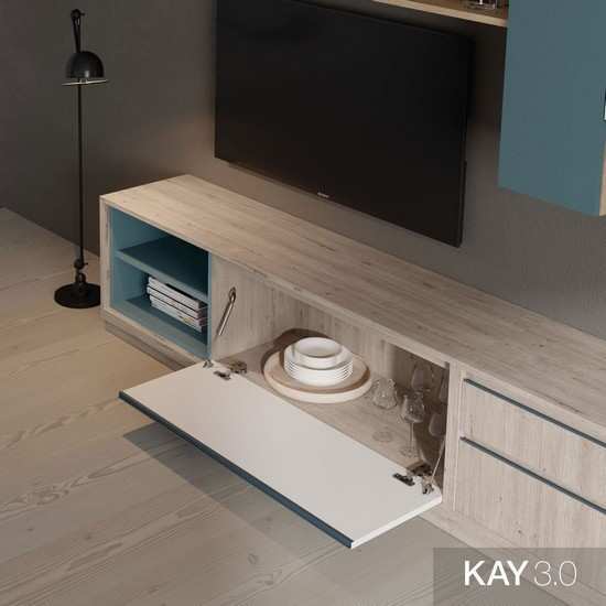 Mueble de salón modular con puertas abatibles y cajones modernos.