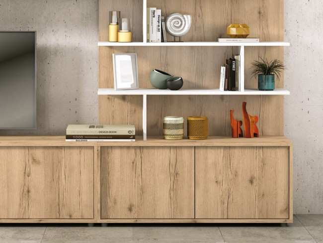 Mueble de salón modular con estantes y puertas elevables, total 296 cm.