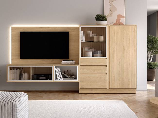 Salón completo roble blanco vitrina, leds panel NOAH-42 - Imagen 1