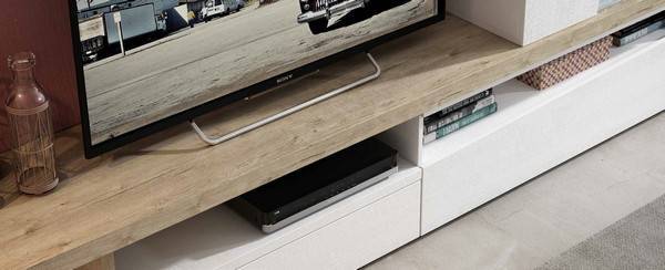Mueble Tracce-02 con módulos y tapa atamborada de 220 cm. Ideal para salones.