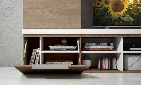 Composición de salón Tracce-05b con módulos abatibles y estantería de 120 cm.