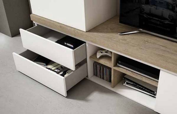 Tracce-10: mueble de salón con módulos funcionales y diseño elegante.