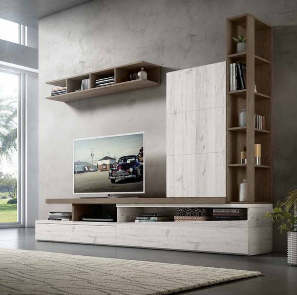 Mueble de salón Tracce-14 con módulos versátiles y estantería horizontal.