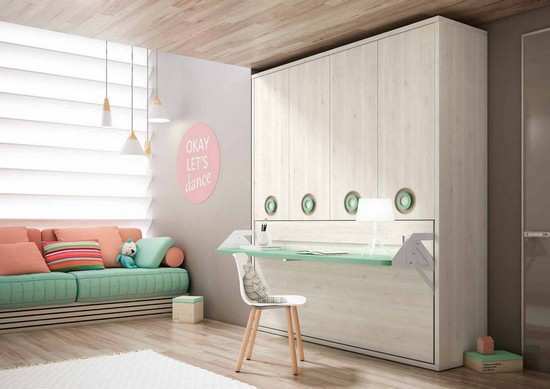 mueble con cama individual batiente horizontal 90cm con altillo 4 puertas largas y mesa frontal. Modelo UP-403